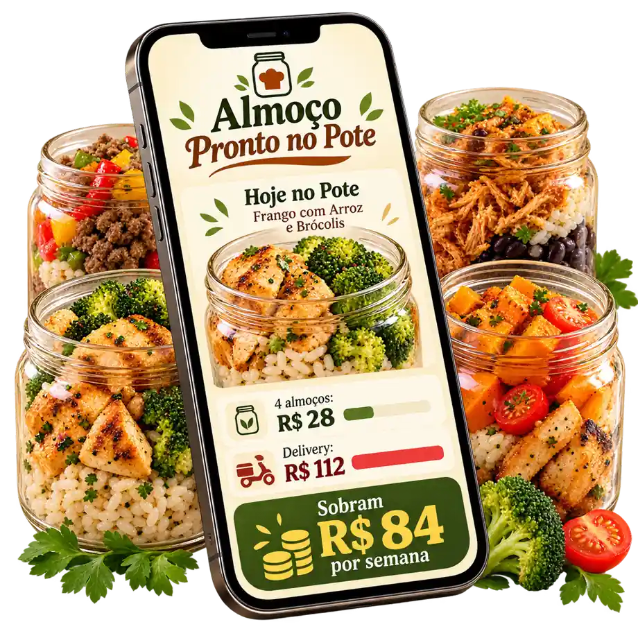O Almoço Pronto no Pote aberto no celular, com o pote do dia e a conta da semana