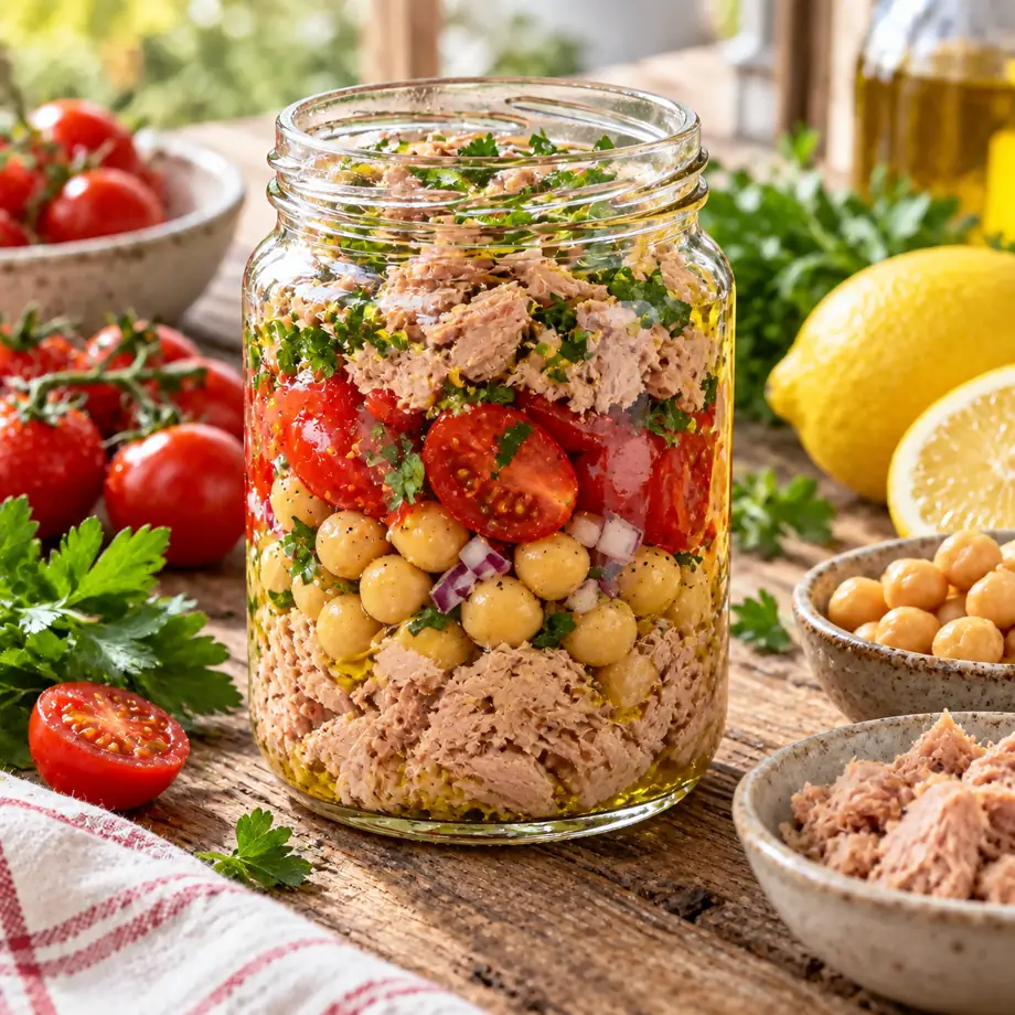 Pote: atum, grão-de-bico e tomate · R$ 7 · come frio