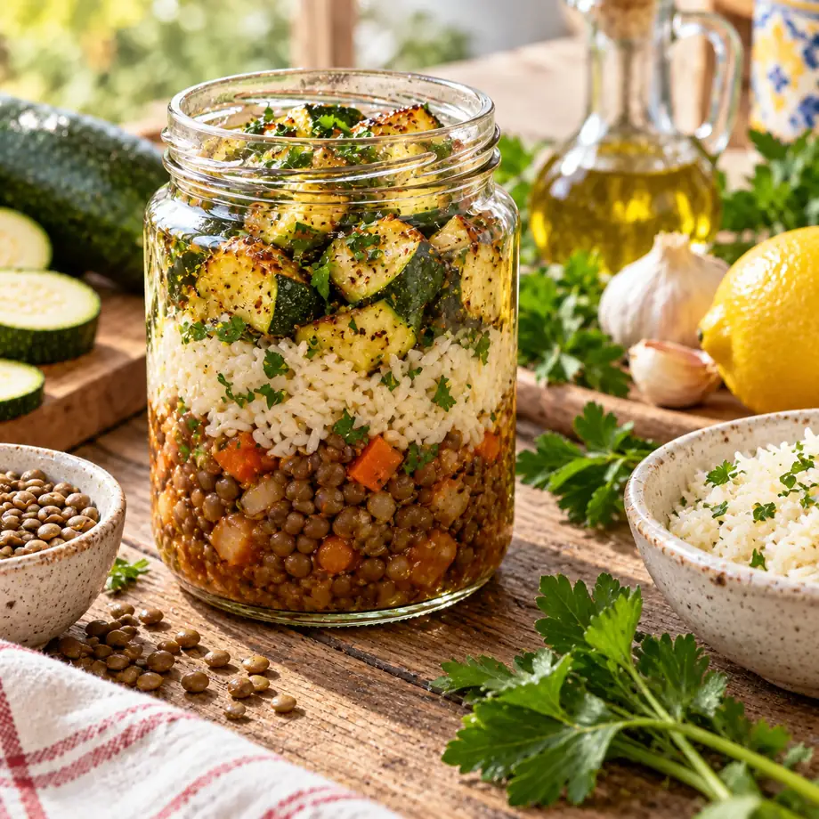 Pote: lentilha, arroz e abobrinha assada · R$ 6 · aquece