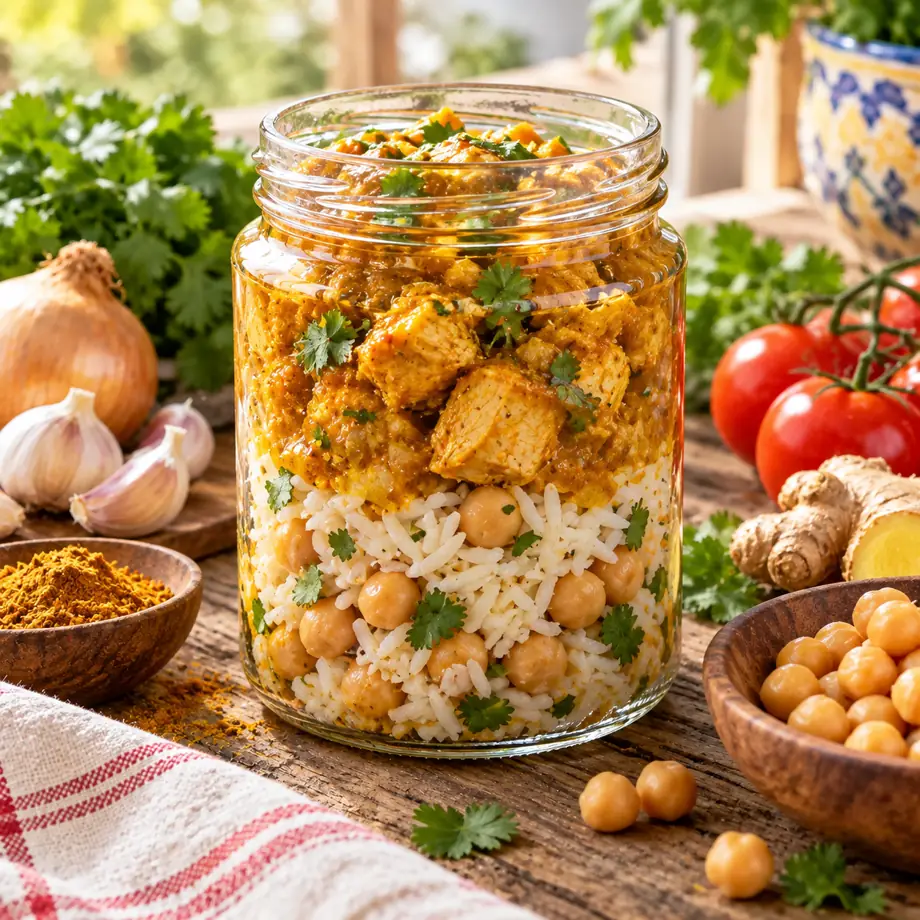 Pote: frango ao curry, arroz e grão-de-bico · R$ 8 · aquece