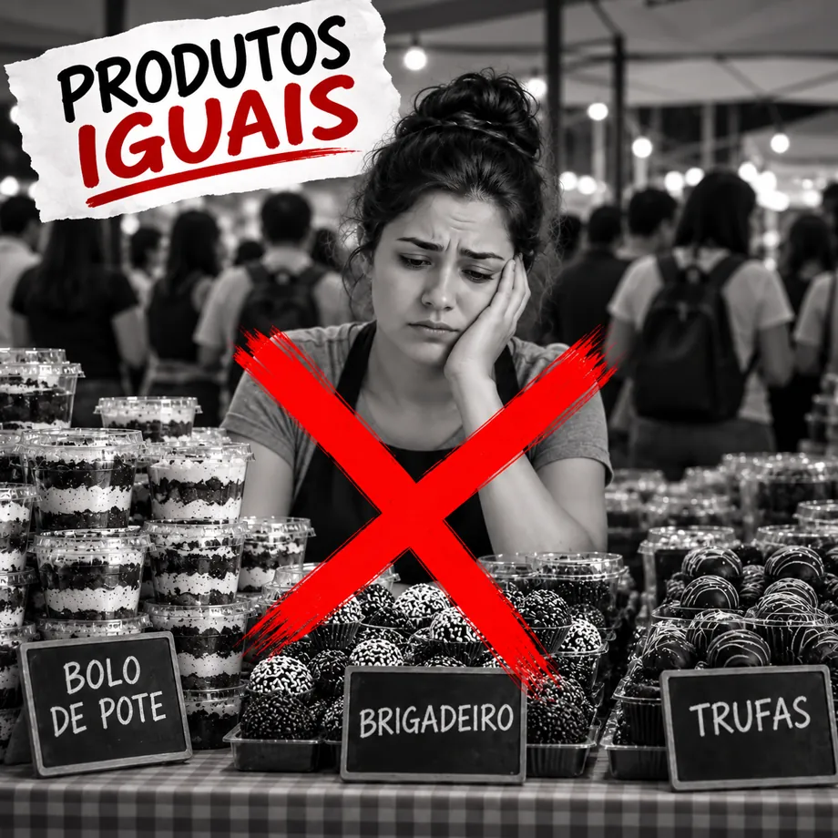 Mulher cansada numa feira cheia de brigadeiro, bolo de pote e trufa iguais