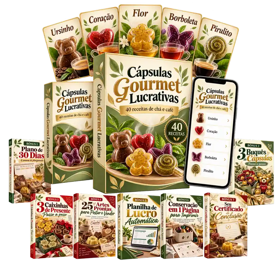 Cápsulas Gourmet Lucrativas — mockup completo com o produto e os 7 bônus
