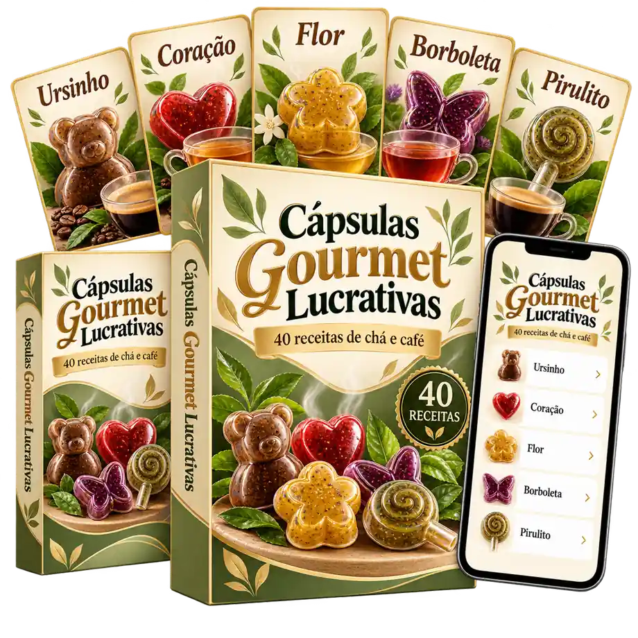 Cápsulas Gourmet Lucrativas — mockup completo com o produto e os 7 bônus