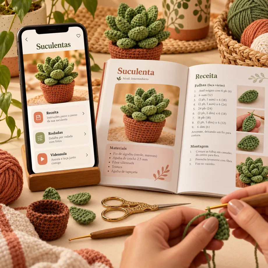 Tela do aplicativo com a busca de plantinhas, a receita rodada a rodada e as videoaulas