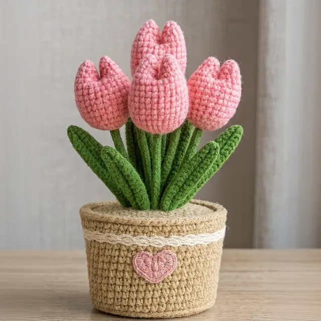 Plantinha de crochê em amigurumi: tulipa rosa, em vasinho