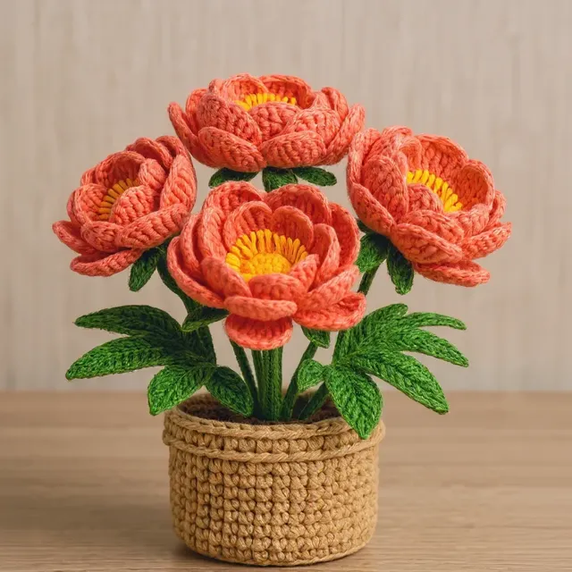 Plantinha de crochê em amigurumi: peônia coral, em vasinho