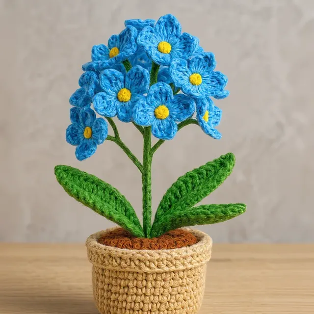 Plantinha de crochê em amigurumi: miosótis azul, em vasinho