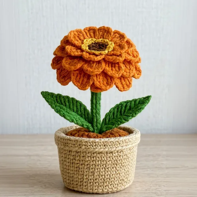 Plantinha de crochê em amigurumi: zínia laranja, em vasinho
