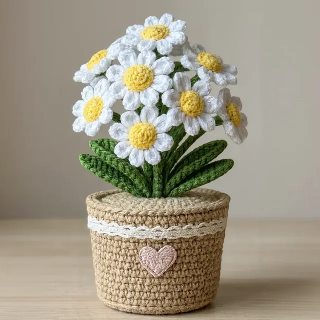 Plantinha de crochê em amigurumi: margarida branca, em vasinho