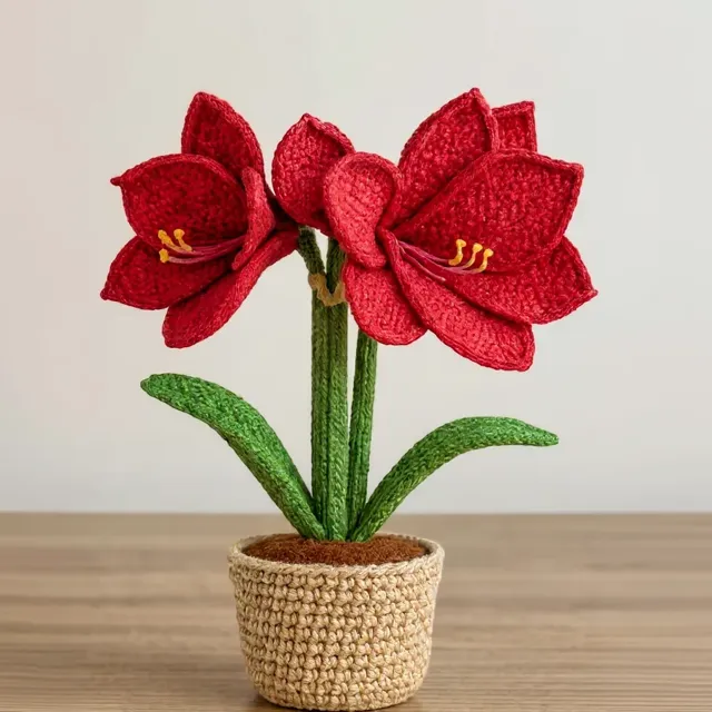 Plantinha de crochê em amigurumi: amarílis vermelha, em vasinho