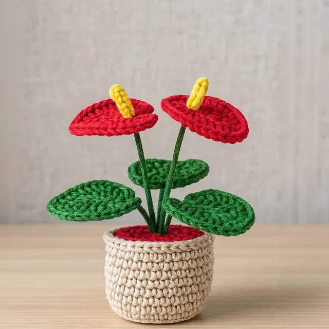 Plantinha de crochê em amigurumi: antúrio vermelho, em vasinho