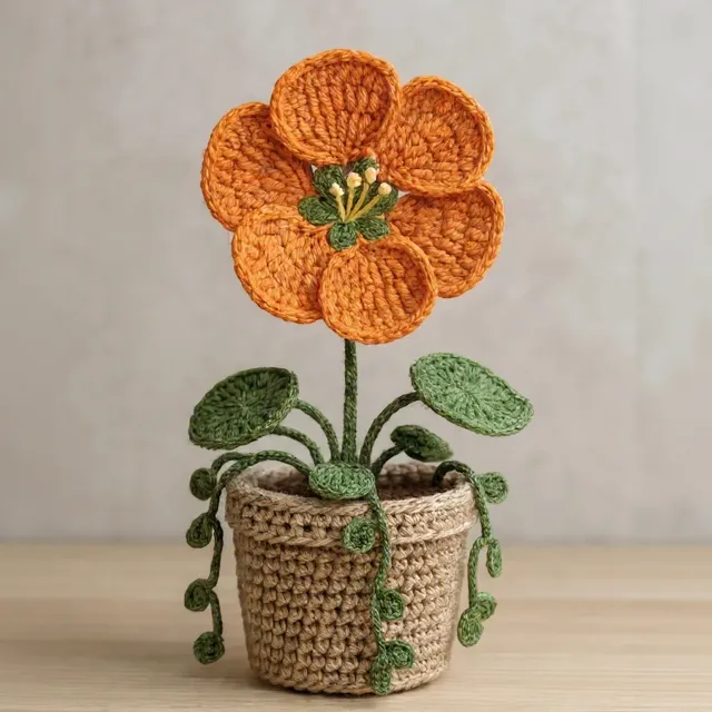 Plantinha de crochê em amigurumi: capuchinha laranja, em vasinho
