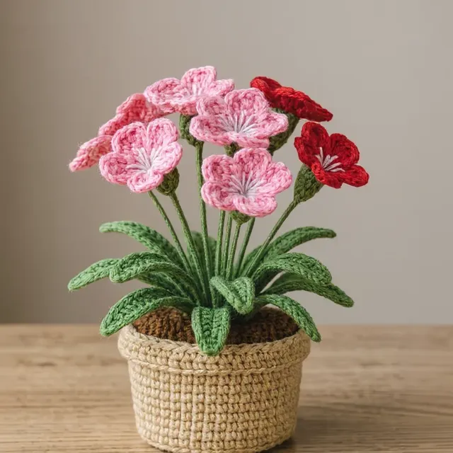 Plantinha de crochê em amigurumi: cravina rosa, em vasinho