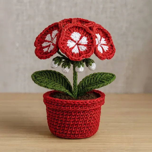 Plantinha de crochê em amigurumi: flor-estrela vermelha, em vasinho