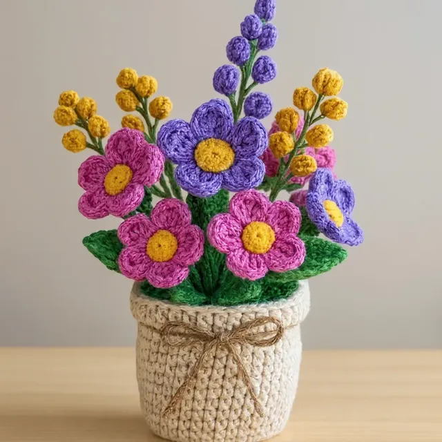 Plantinha de crochê em amigurumi: flores do campo, em vasinho
