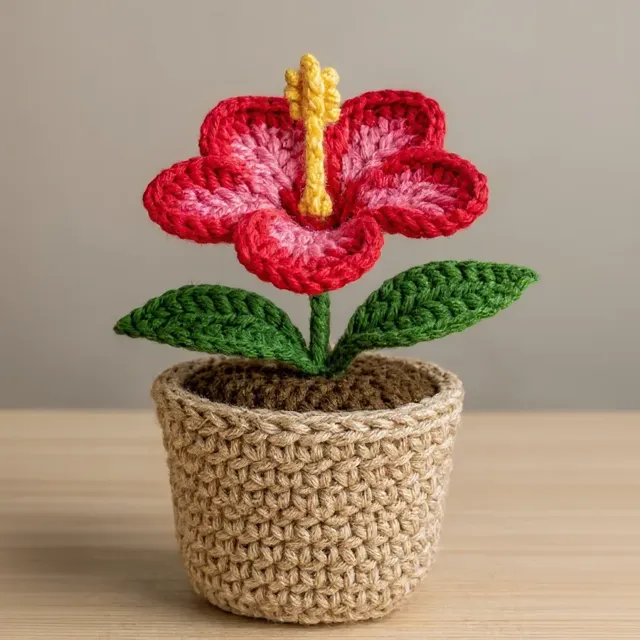 Plantinha de crochê em amigurumi: hibisco vermelho, em vasinho