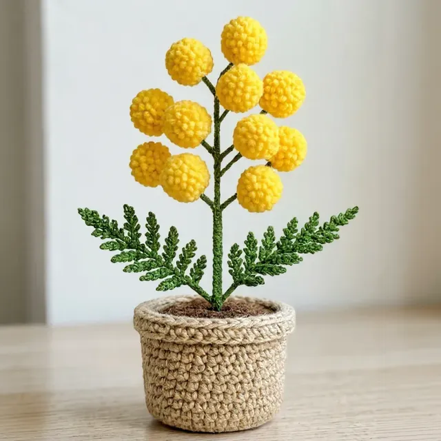 Plantinha de crochê em amigurumi: mimosa amarela, em vasinho