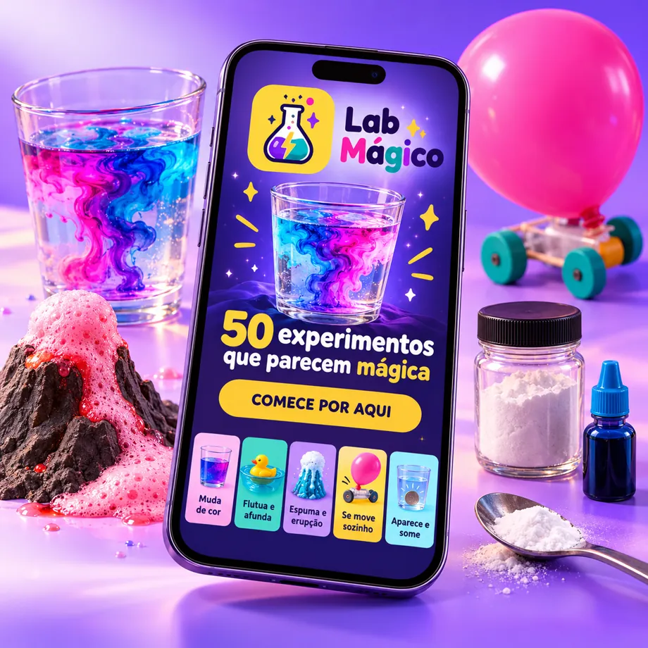 O app Lab Mágico no celular, cercado de itens de casa e experimentos
