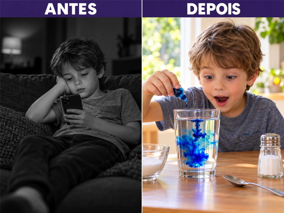 Antes e depois: a criança parada no celular e a mesma criança de olho arregalado num experimento