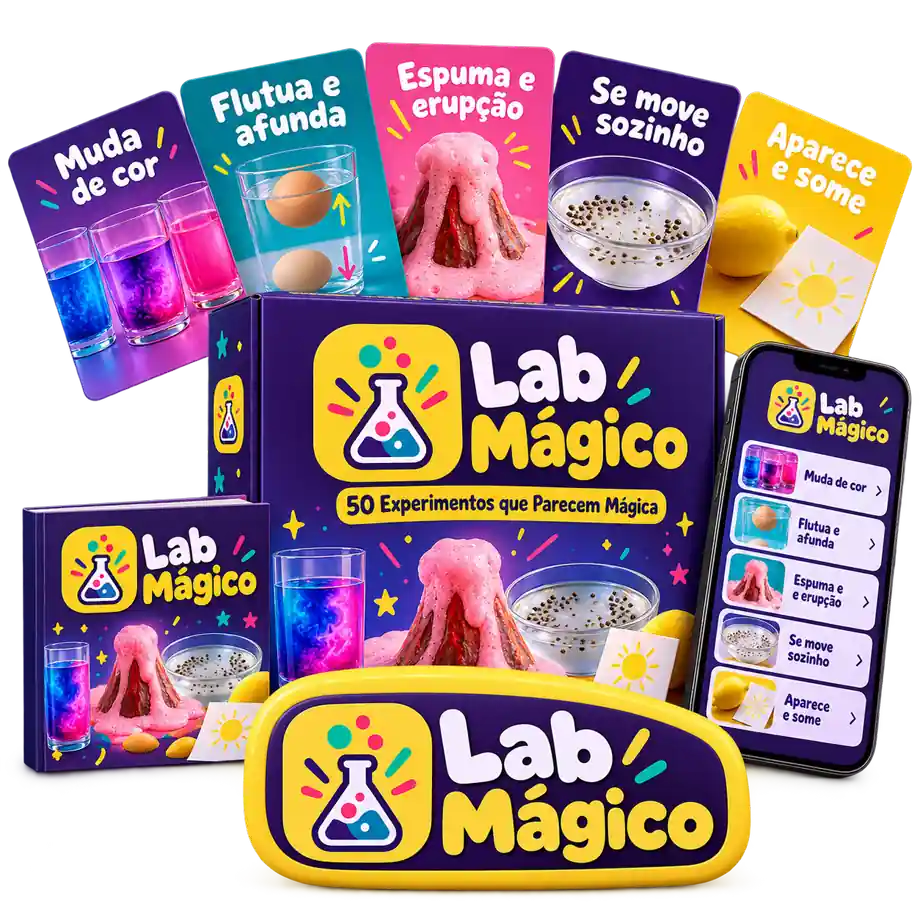 Lab Mágico: a caixa com os 50 experimentos, as fichas e o app no celular
