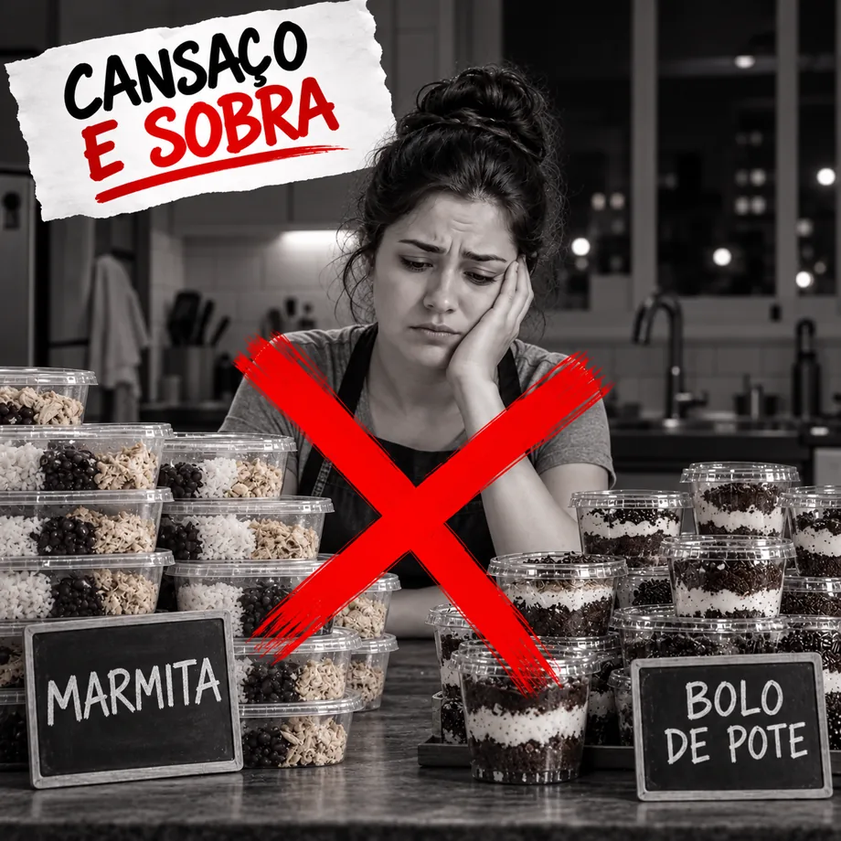 Bolo de pote sobrando e marmitas empilhadas