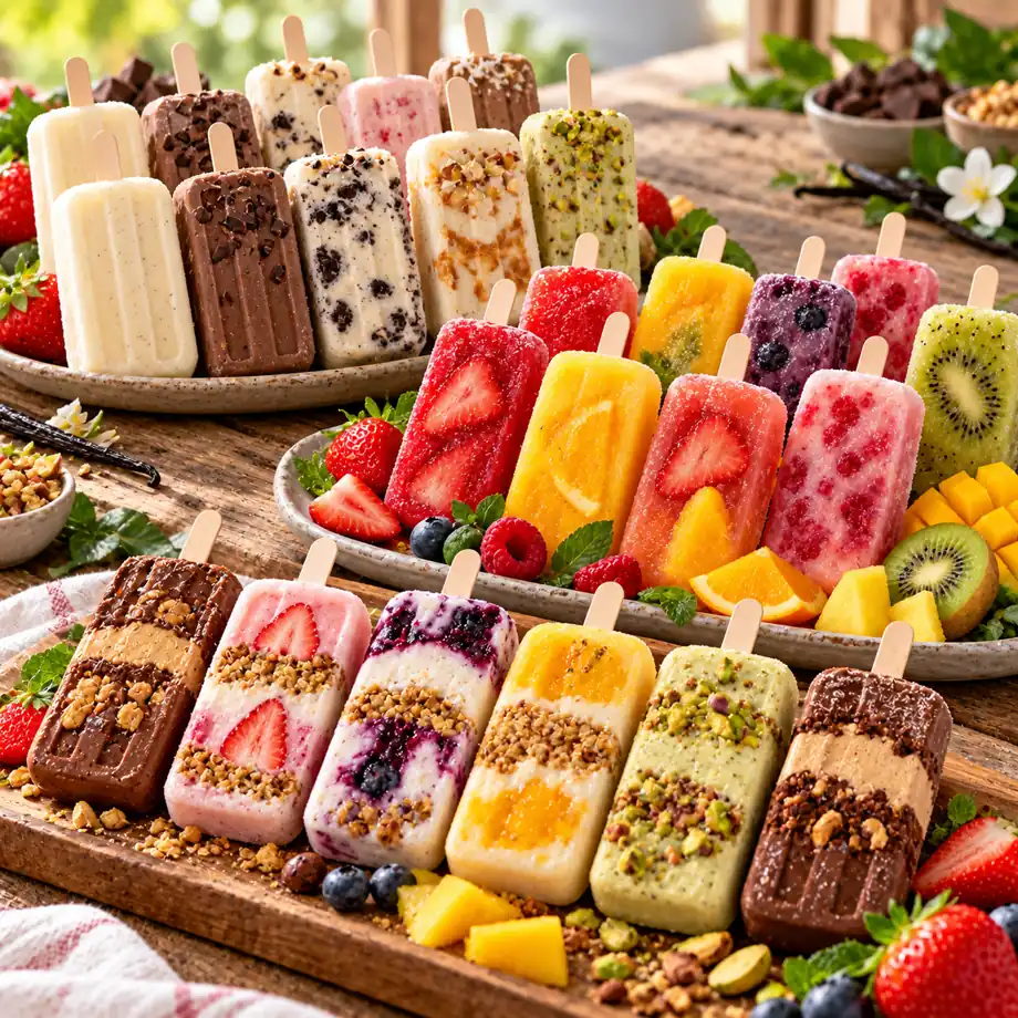 Os 30 picolés em 3 grupos: cremosos, de fruta e recheados