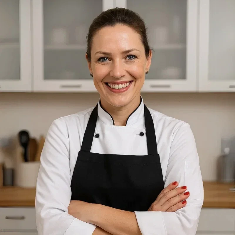 Chef Mari Dias na cozinha, ao lado de uma assadeira de rolinhos de canela recém-saídos do forno