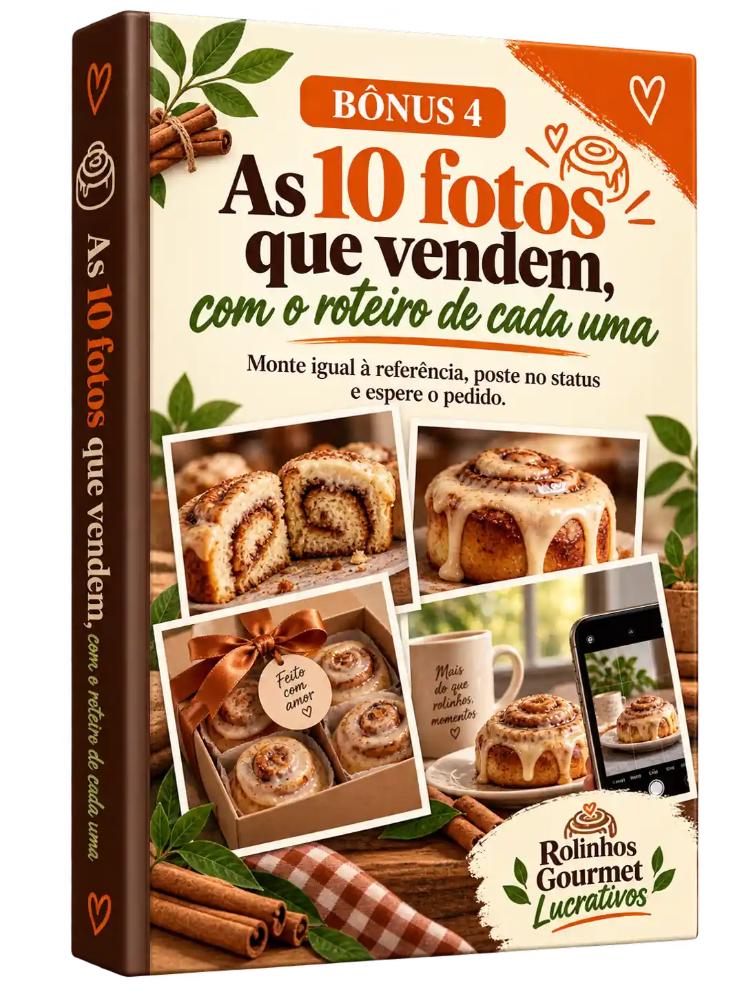 Bônus 4 — grade de 10 fotos de rolinho de canela, cada uma com o enquadramento indicado