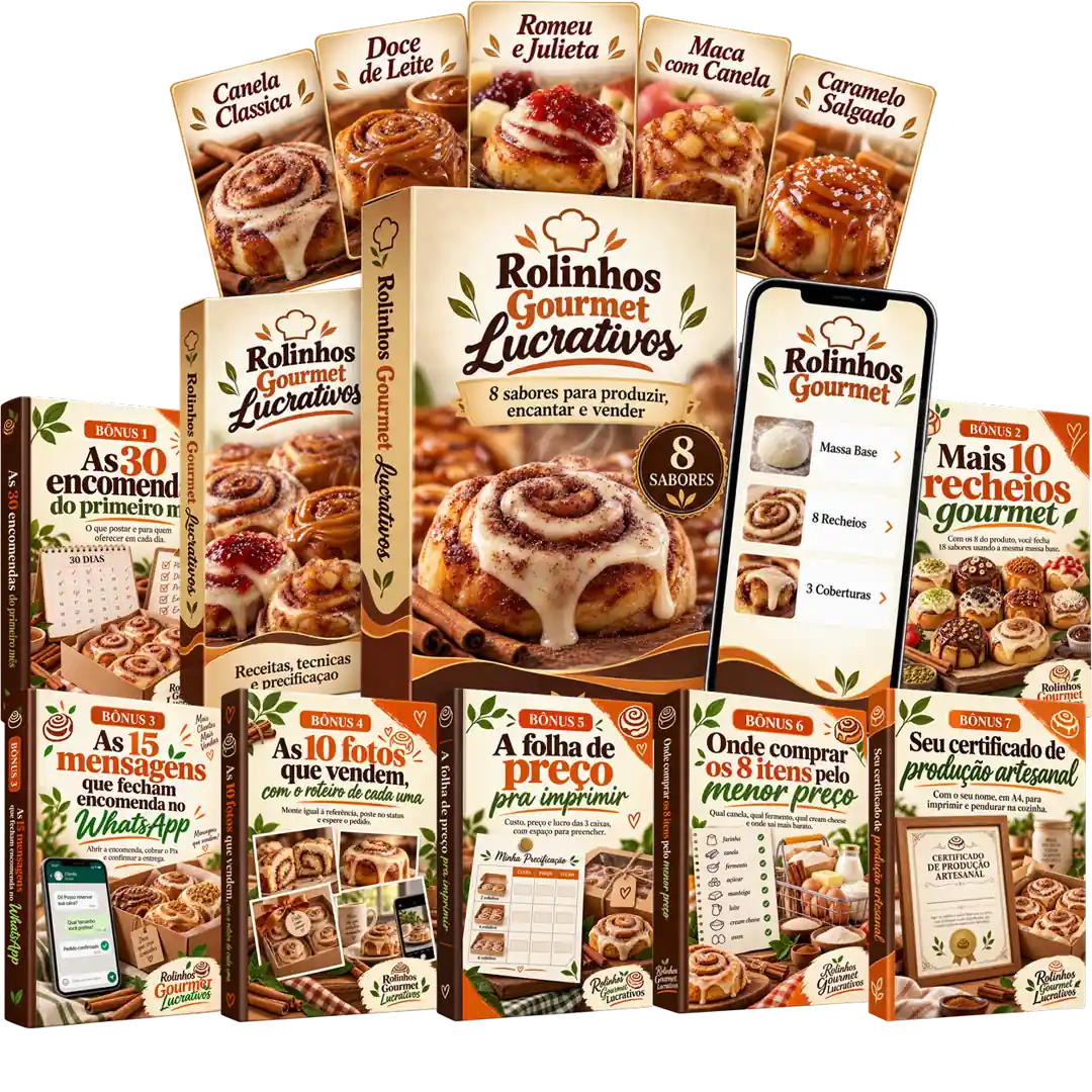 Mockup do Rolinhos Gourmet Lucrativos: celular mostrando o passo a passo da massa ao lado da folha de preço impressa em A4