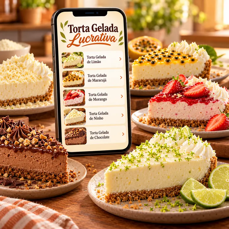 Aplicativo do produto no celular, cercado de fatias de torta gelada