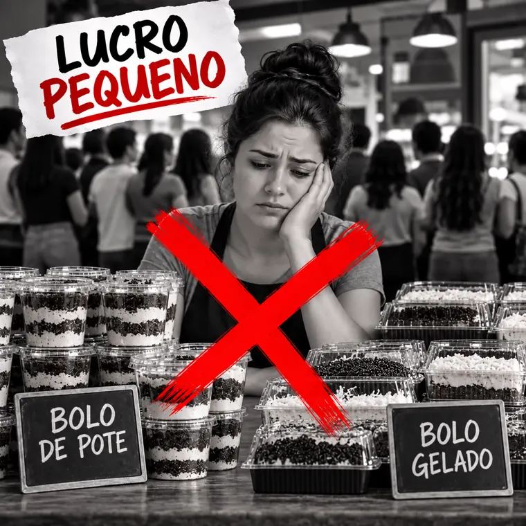 Vendedora cercada de bolo de pote e bolo gelado, muita gente vendendo o mesmo